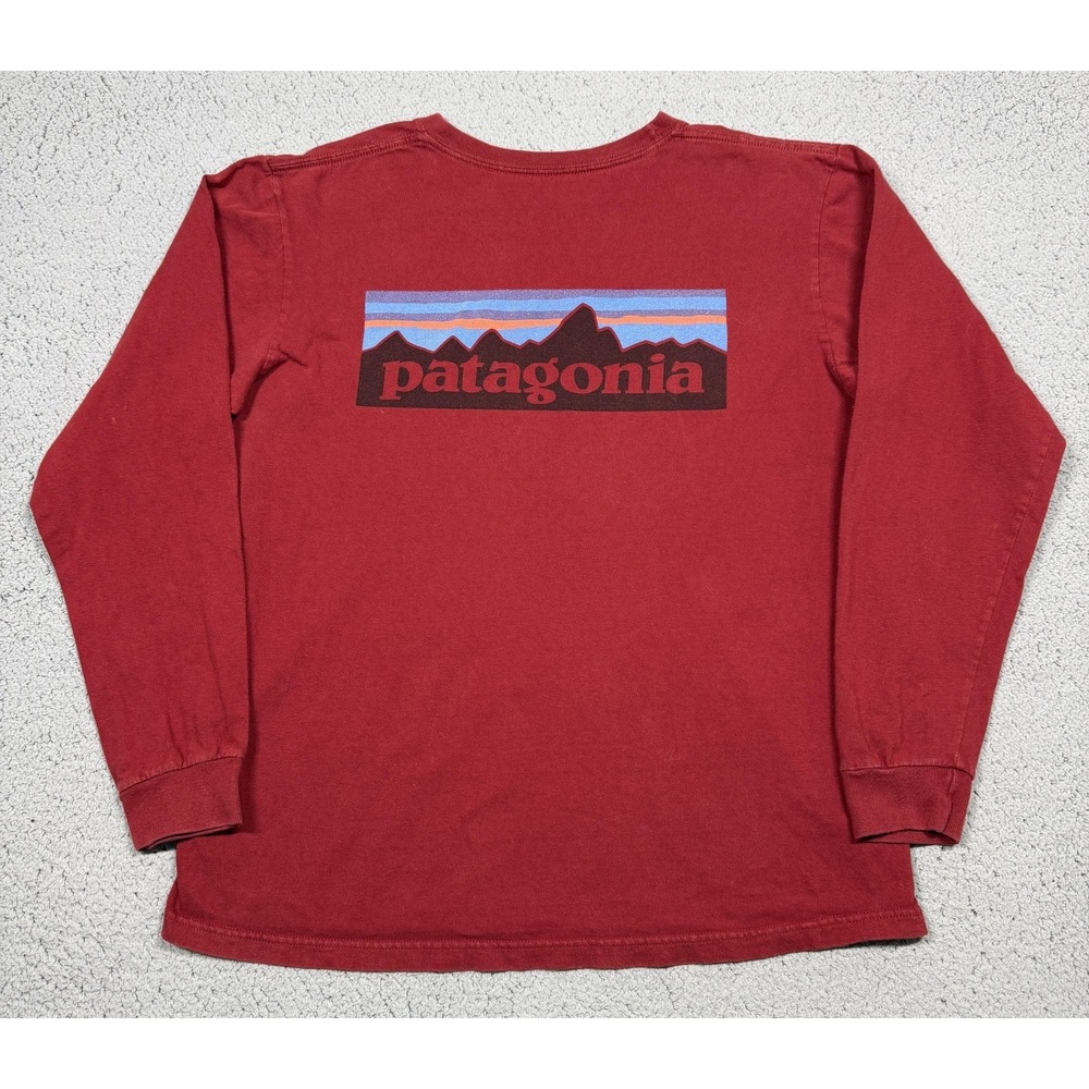 Patagonia Shirt Mens Medium Red Long Sleeve Organic Cotton Logo Graphic‎ Tee